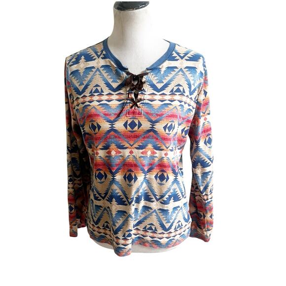 Chaps Denim Women’s Aztec Print Long Sleeve Vintage Soft Suede Lace Up V-Neck XL - Picture 1 of 10